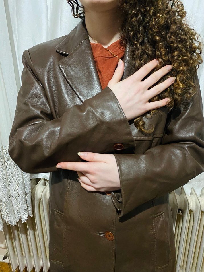 Düğmeli Kahverengi Deri Kadın Ceket - Görsel 2