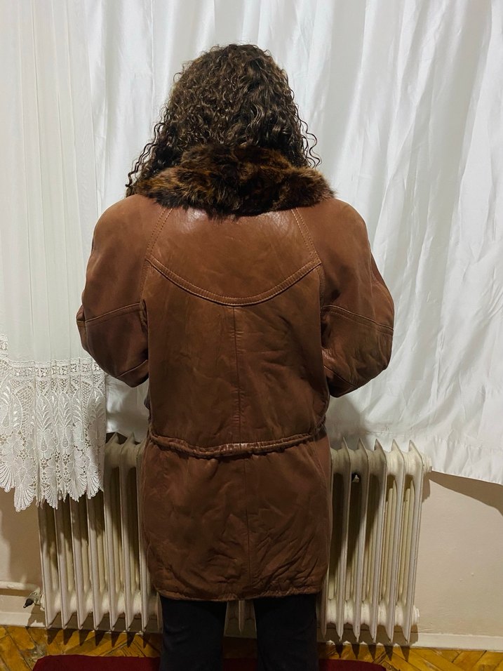 Kahverengi Leopar Desenli Kürklü Deri Ceket - Görsel 3