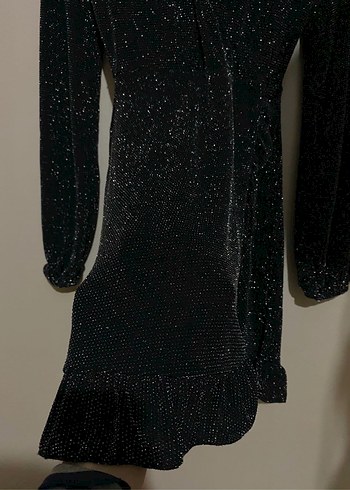 Mavi Parlak V Yaka Uzun Kollu Midi Elbise - Görsel 3