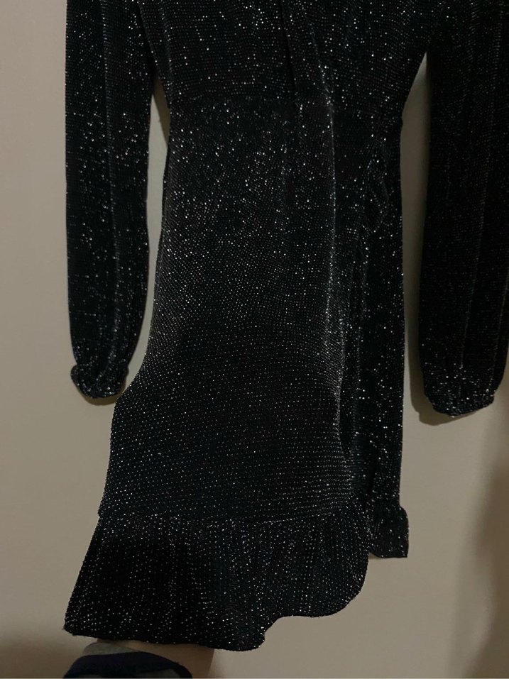 Mavi Parlak V Yaka Uzun Kollu Midi Elbise - Görsel 3