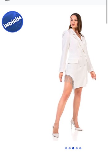 Düğmeli Beyaz Uzun Kadın Blazer Ceket - Görsel 2