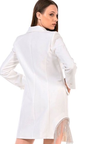 Düğmeli Beyaz Uzun Kadın Blazer Ceket - Görsel 4