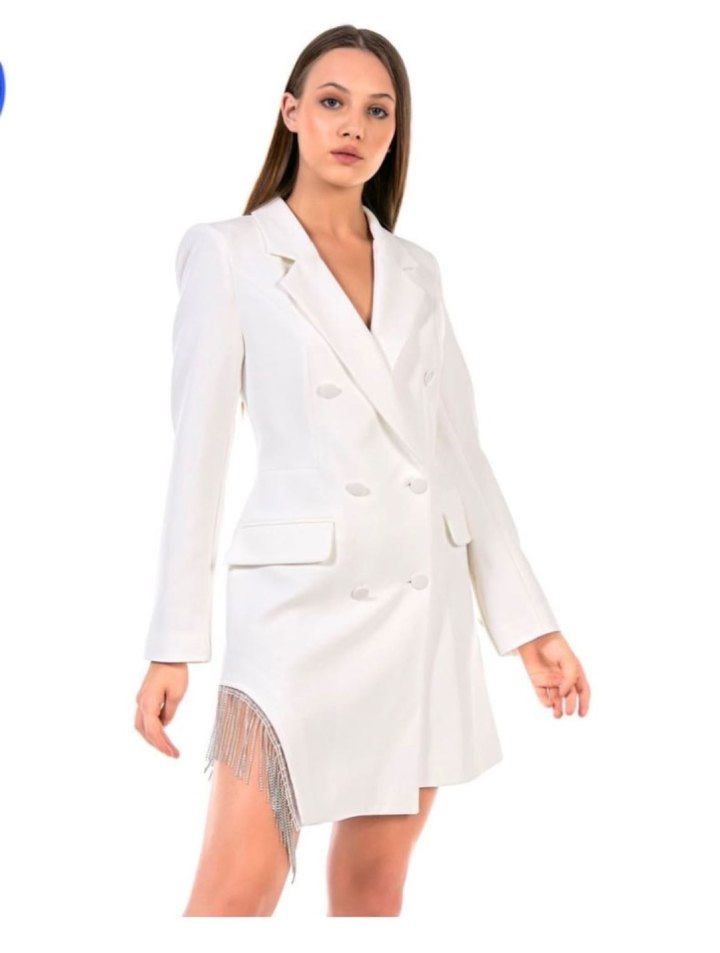 Düğmeli Beyaz Uzun Kadın Blazer Ceket - Görsel 5