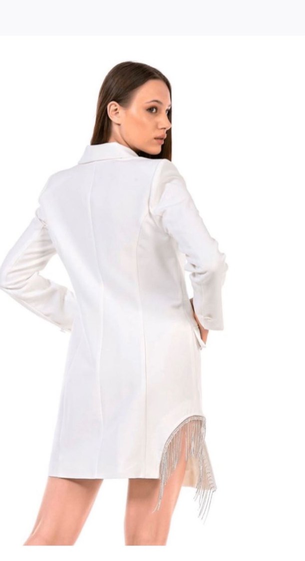 Düğmeli Beyaz Uzun Kadın Blazer Ceket - Görsel 4