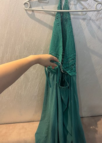 Diğer Dantel Detaylı Turkuaz Bohem Midi Elbise
