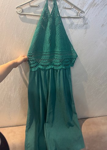 Dantel Detaylı Turkuaz Bohem Midi Elbise