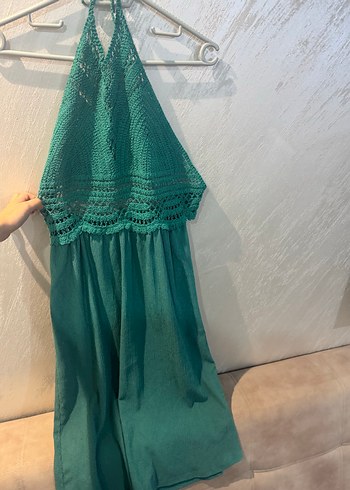 universal Beden Dantel Detaylı Turkuaz Bohem Midi Elbise