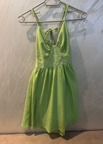 Yeşil Nakışlı Mini Bohem Elbise