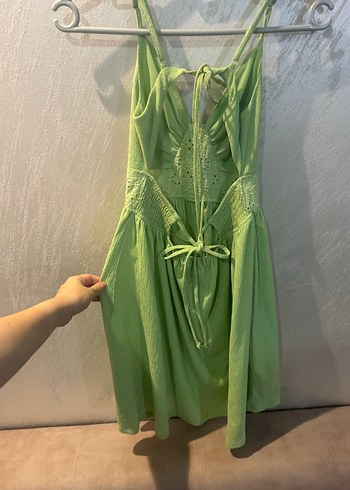 Diğer Yeşil Nakışlı Mini Bohem Elbise