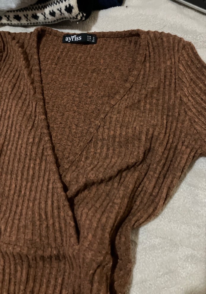 Kahverengi V Yaka Uzun Kollu Triko elbise - Görsel 2