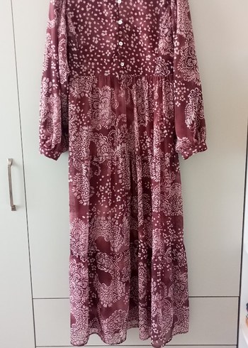 Bordo Bağlama Desenli Uzun Bohem Elbise