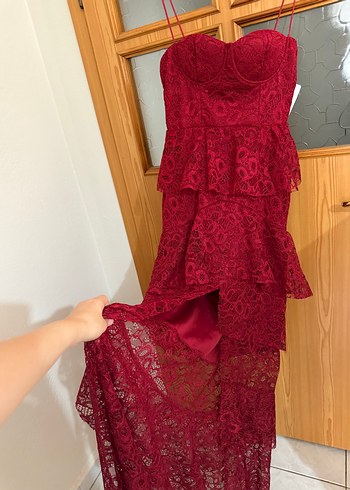 Bordo Dantelli Uzun  yırtmaçlı kına elbisesi - Görsel 3