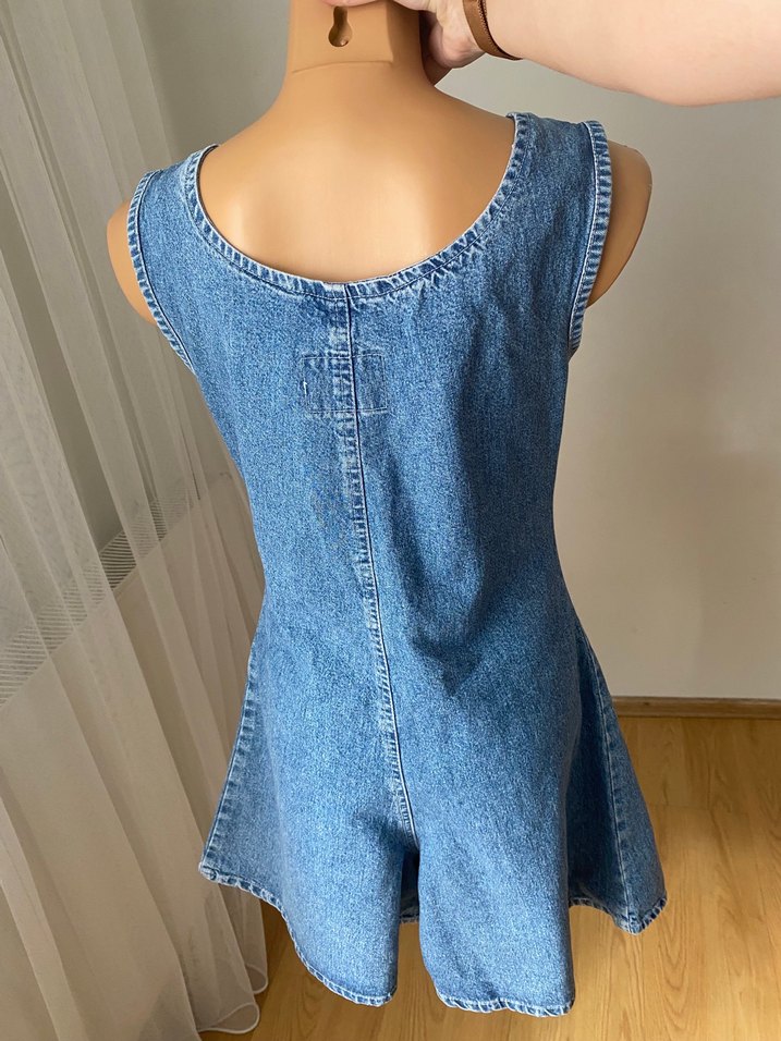 Mavi Denim Mini Tulum, V Yaka, Fermuarlı - Görsel 2