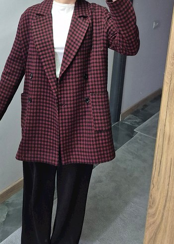 38 Beden Bordo Ekose Desenli Kadın Blazer Ceket