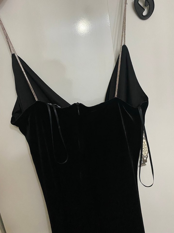 Siyah Drapeli V Yakalı Uzun Kadın Elbise - Görsel 2