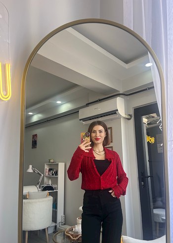 Kırmızı V Yaka Kadın Hırka - Görsel 2