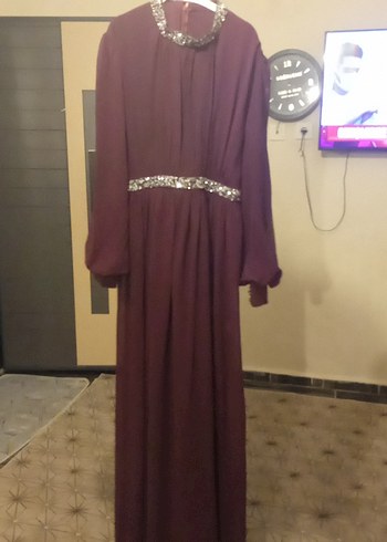 Abiye Bordo Uzun Kollu Drapeli Abiye Elbise