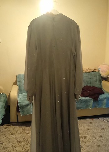 50 Beden gri Renk Uzun Kollu Nakışlı Gri Kadın Abiye Elbise