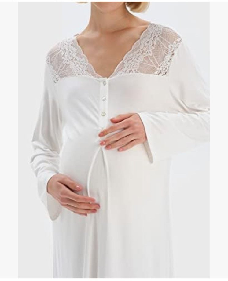 Dagi, Yaka Dantel,Garnili Gecelik,Ekru Hamile ve Emzirme Gecelik - Görsel 5