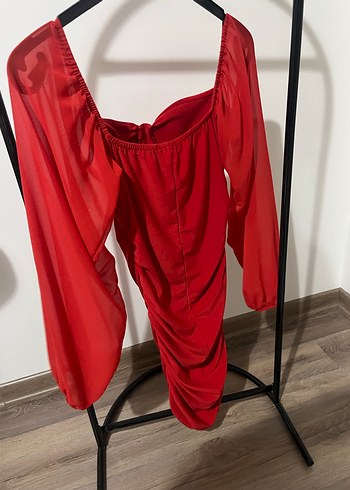 Kırmızı Drapeli Straplez Mini Elbise - Görsel 3