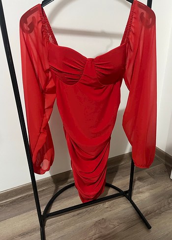 Kırmızı Drapeli Straplez Mini Elbise - Görsel 2