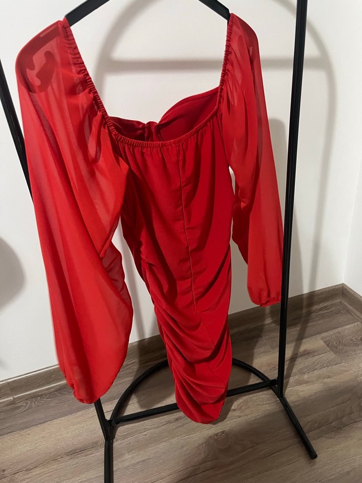 Kırmızı Drapeli Straplez Mini Elbise - Görsel 3