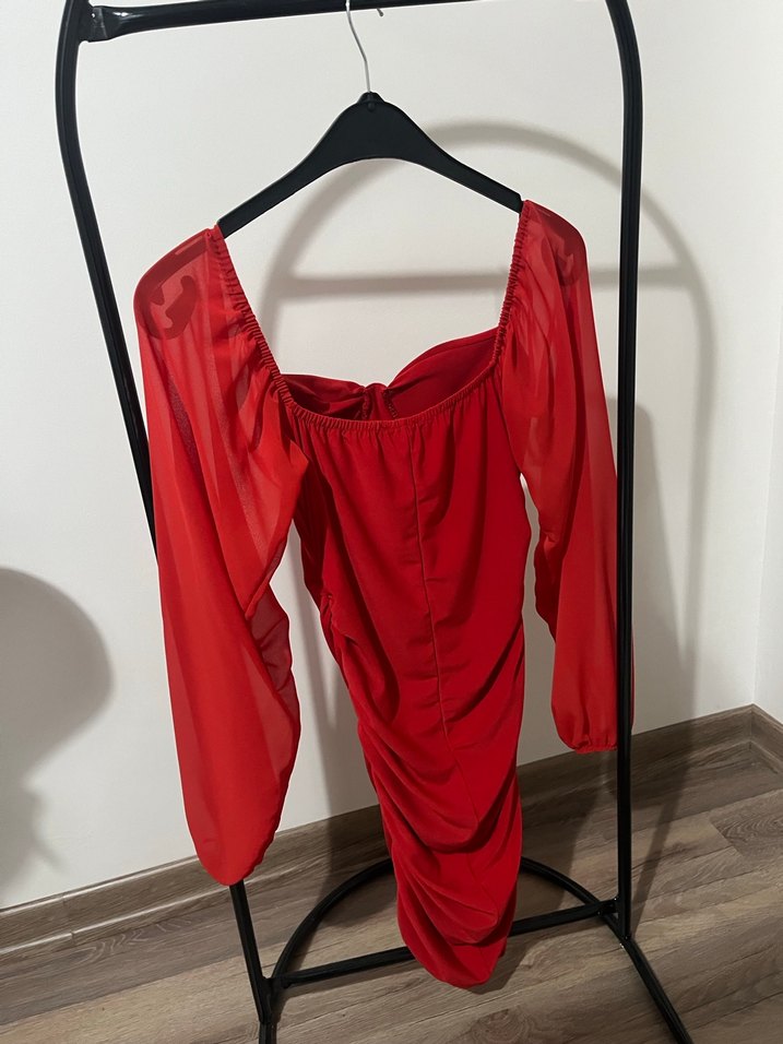 Kırmızı Drapeli Straplez Mini Elbise - Görsel 4