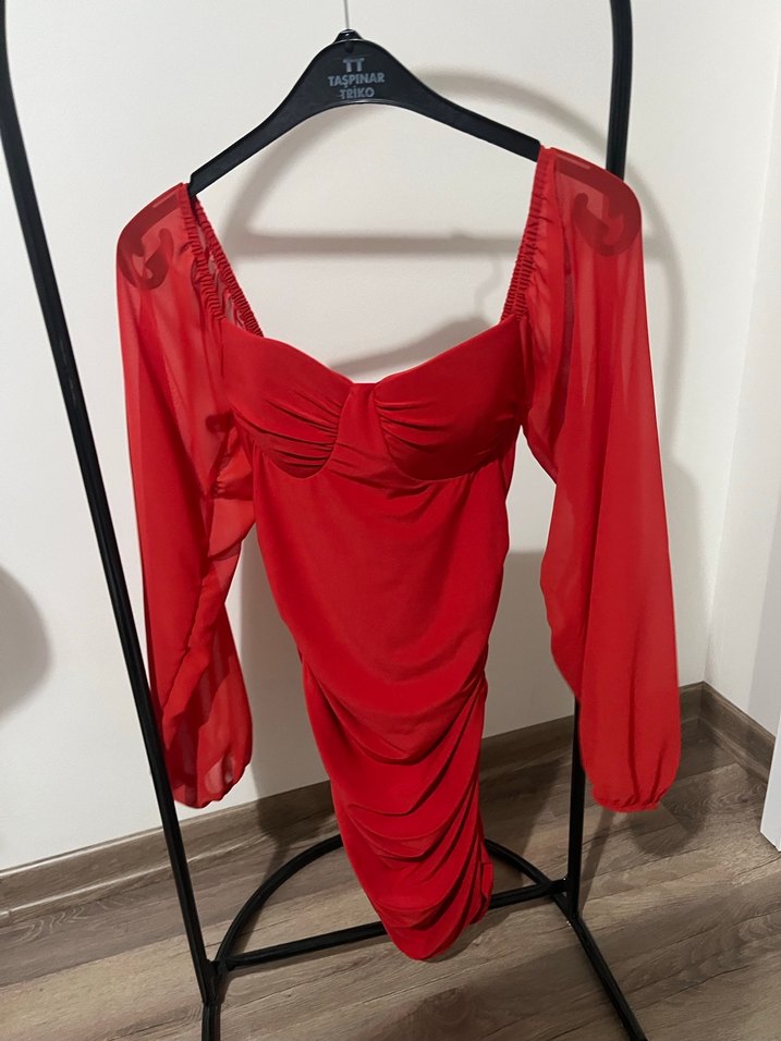 Kırmızı Drapeli Straplez Mini Elbise - Görsel 5