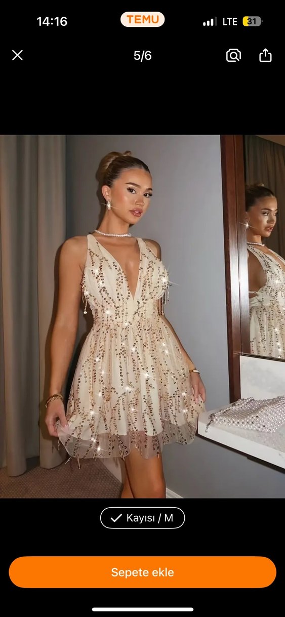 Dantel İşlemeli Bej Mini Abiye Elbise - Görsel 2