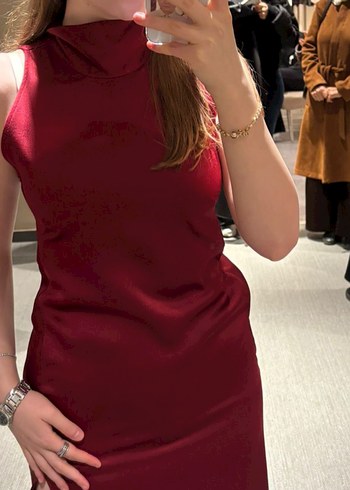 Bordo Yüksek Yakalı Drapeli maxi Abiye Elbise