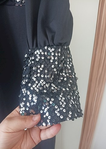 Uzun Kollu Siyah Kadın Abiye Elbise - Görsel 4