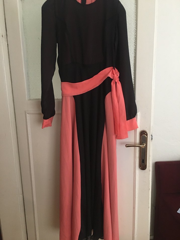 Uzun Siyah-Pembe Drapeli Kadın Elbise şifon - Görsel 2