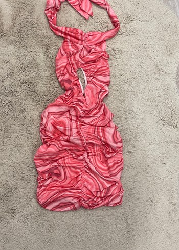 Pembe Halter Yaka Drapeli Mini Elbise sırt dekolte - Görsel 2