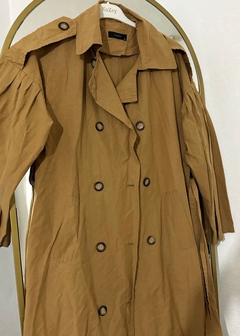 Bej Uzun Düğmeli Keten Trençkot - Görsel 2