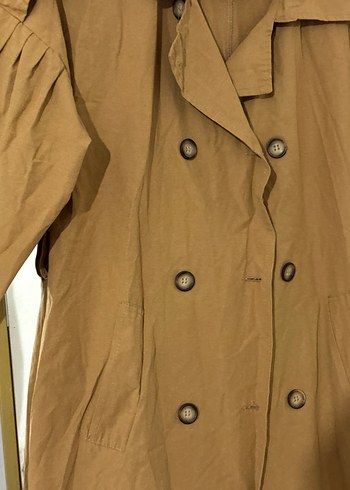 Bej Uzun Düğmeli Keten Trençkot - Görsel 3