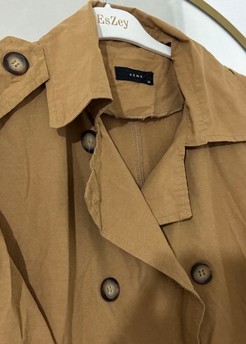 Bej Uzun Düğmeli Keten Trençkot - Görsel 5