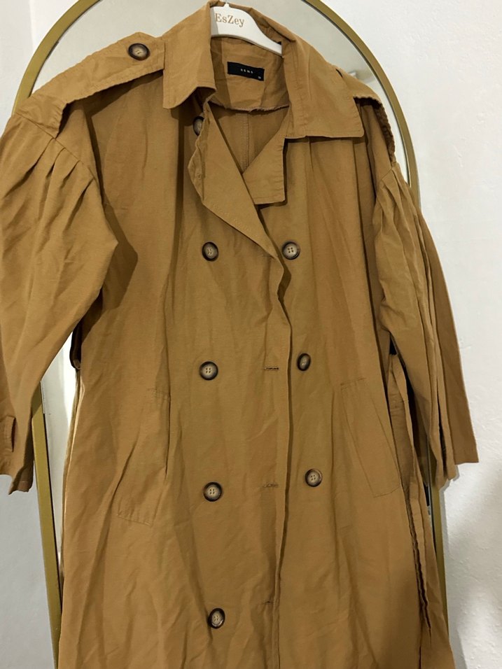 Bej Uzun Düğmeli Keten Trençkot - Görsel 2