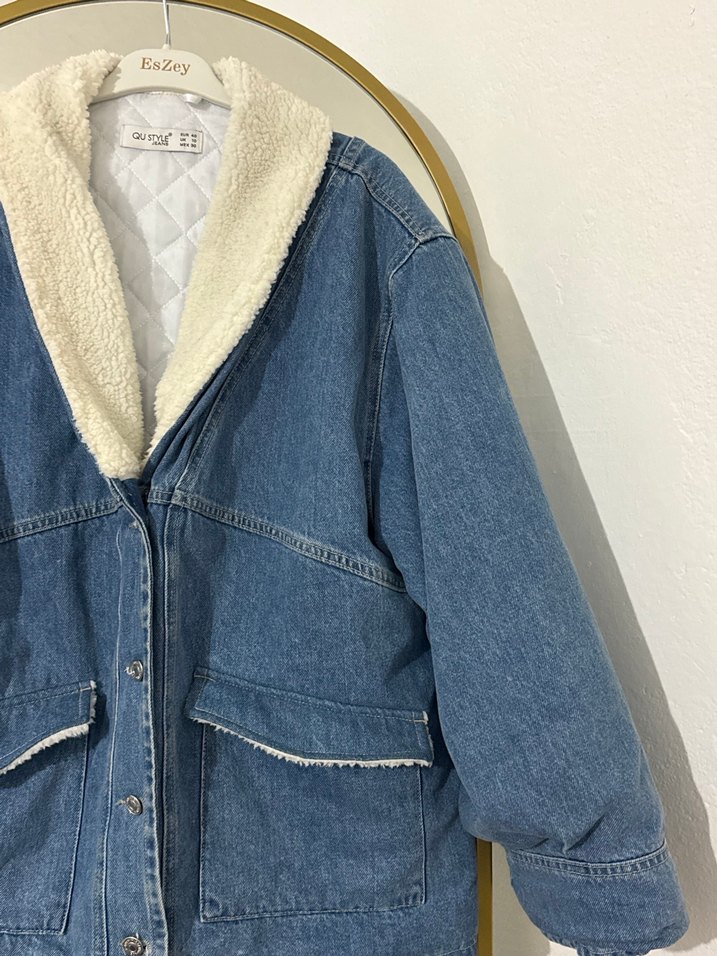 Kadın Mavi Peluş Detaylı Denim Ceket - Görsel 5