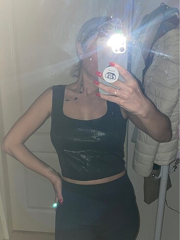 Diğer Parlak Siyah Crop Top Bluz