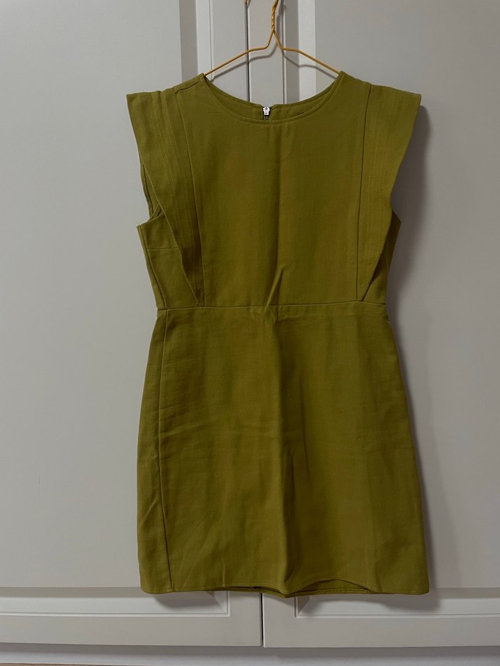 Kolsuz, yağ yeşili mini elbise - Görsel 2