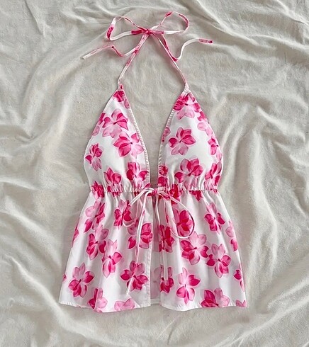 Shein pembe beyaz çiçek desenli üst