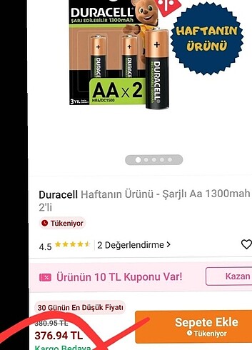 DURACELL ŞARJ EDİLEBİLİR 1300mAh 2 Lİ