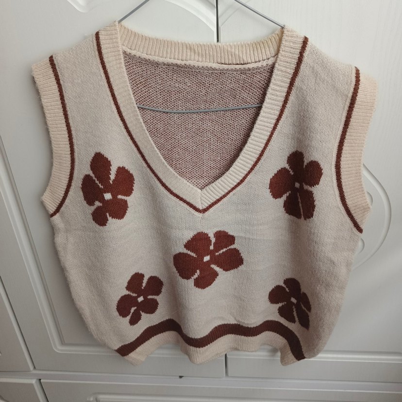 Bej Çiçek Desenli Bohem Triko Süveter - Görsel 2