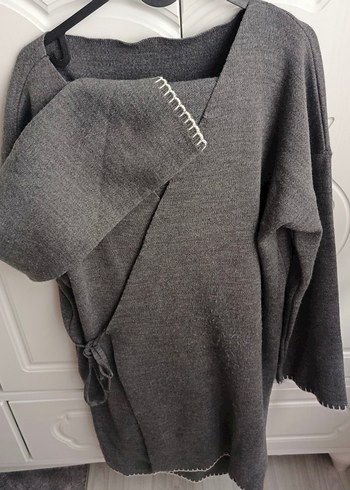 Gri V Yaka Örgü Kadın triko kimono takım - Görsel 2