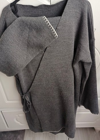 Gri V Yaka Örgü Kadın triko kimono takım - Görsel 3