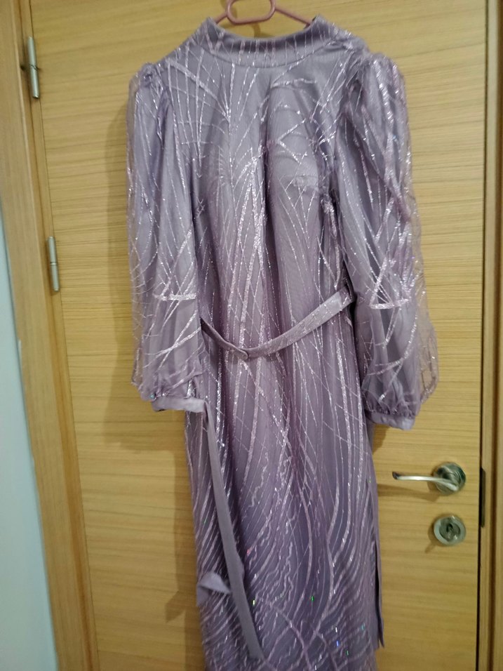 Uzun Kol Drapeli Mor Gece Elbisesi - Görsel 2