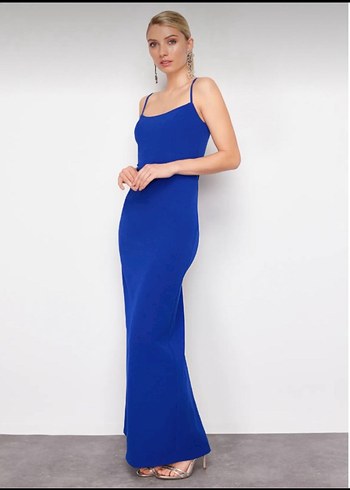 Mavi Uzun İnce Askılı Elbise - Görsel 2