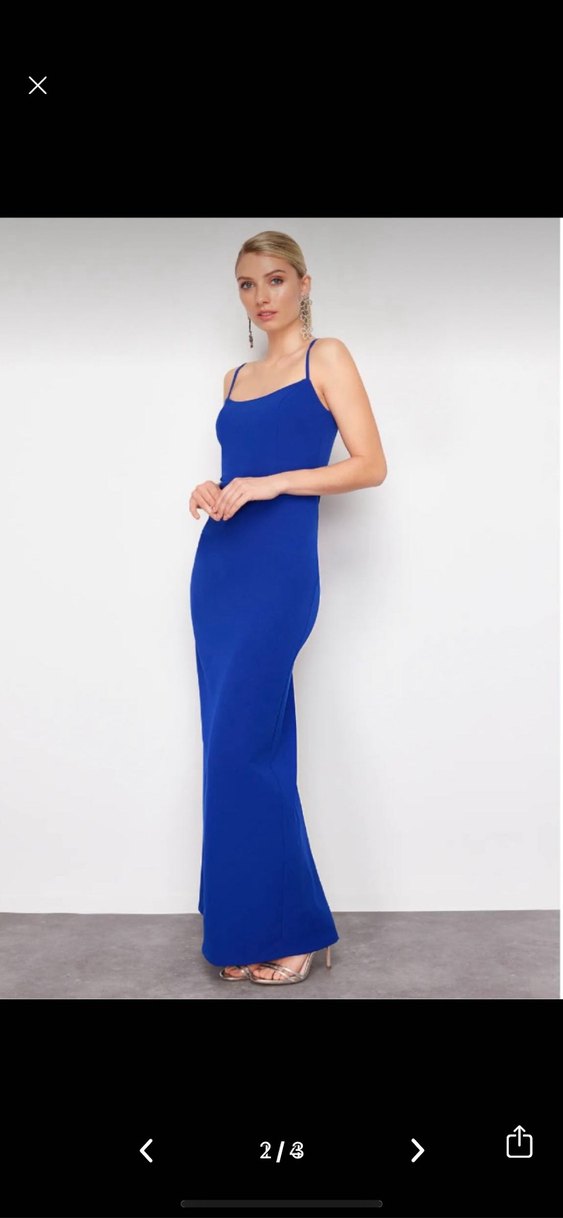 Mavi Uzun İnce Askılı Elbise - Görsel 2