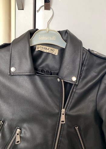 Siyah Mini Deri Biker Ceket - Görsel 3