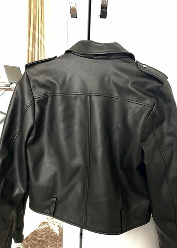Siyah Mini Deri Biker Ceket - Görsel 4